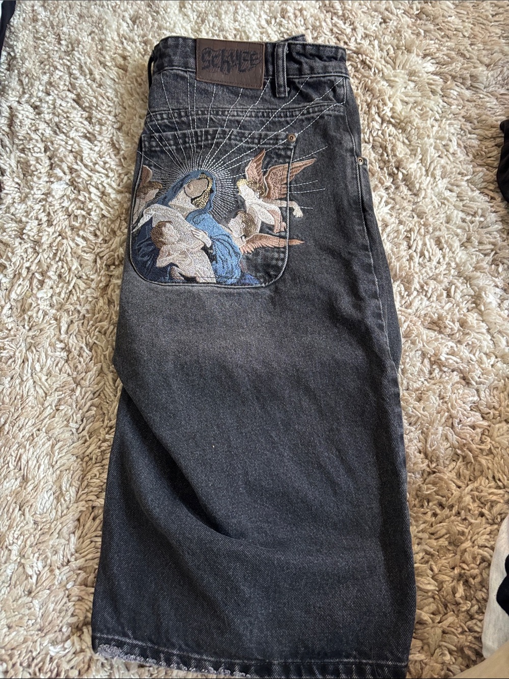 Black Embroidered Religious Graphic Men’s Jeans